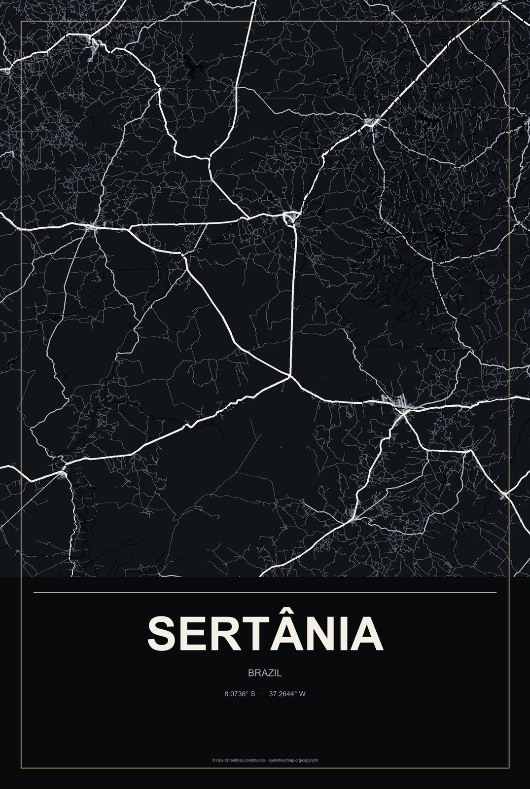 Sertânia, Brazil City Map Aluminum Sign in Metropolitan Noir style