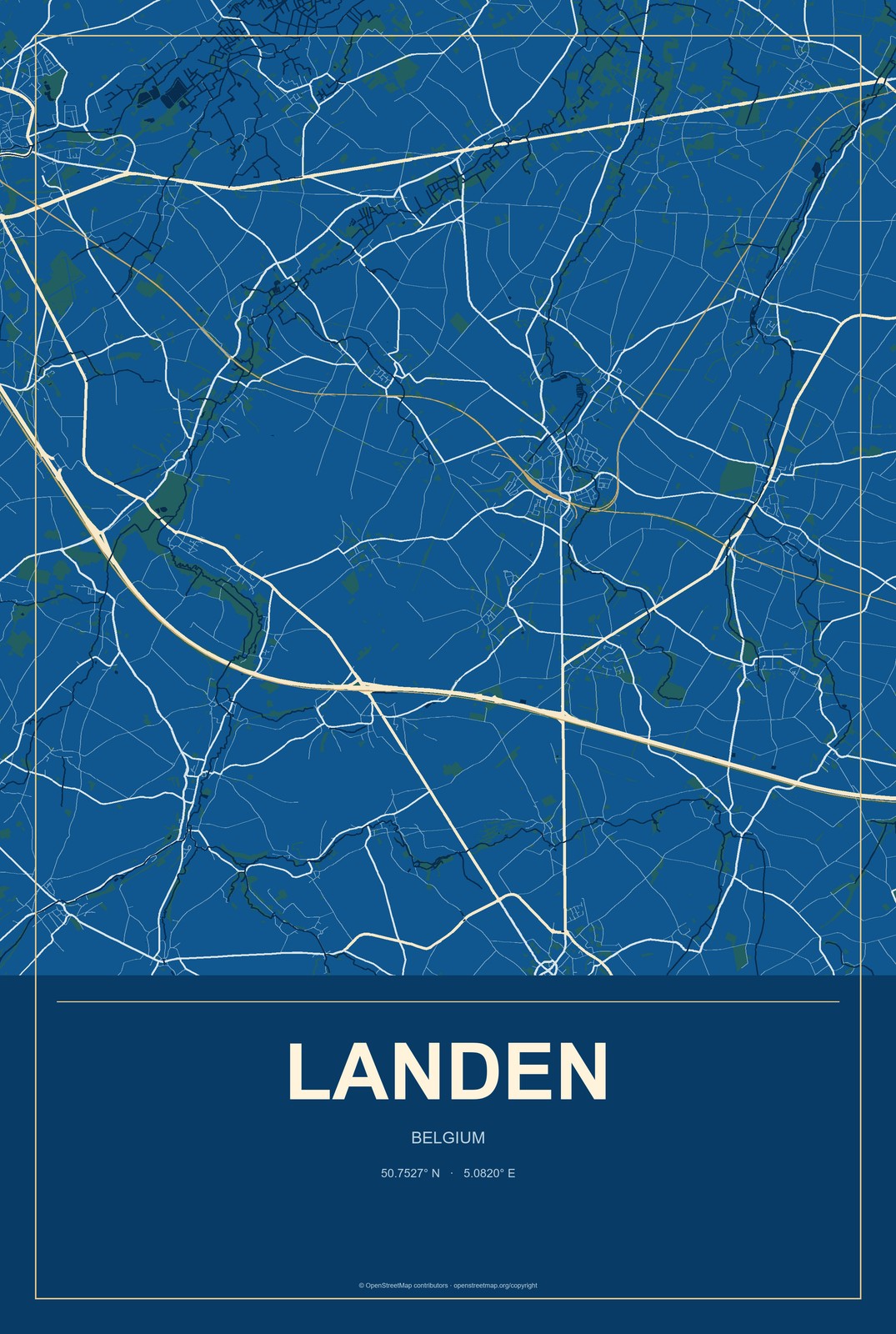 Landen, Belgium City Map Aluminum Sign in Harbor Cobalt style
