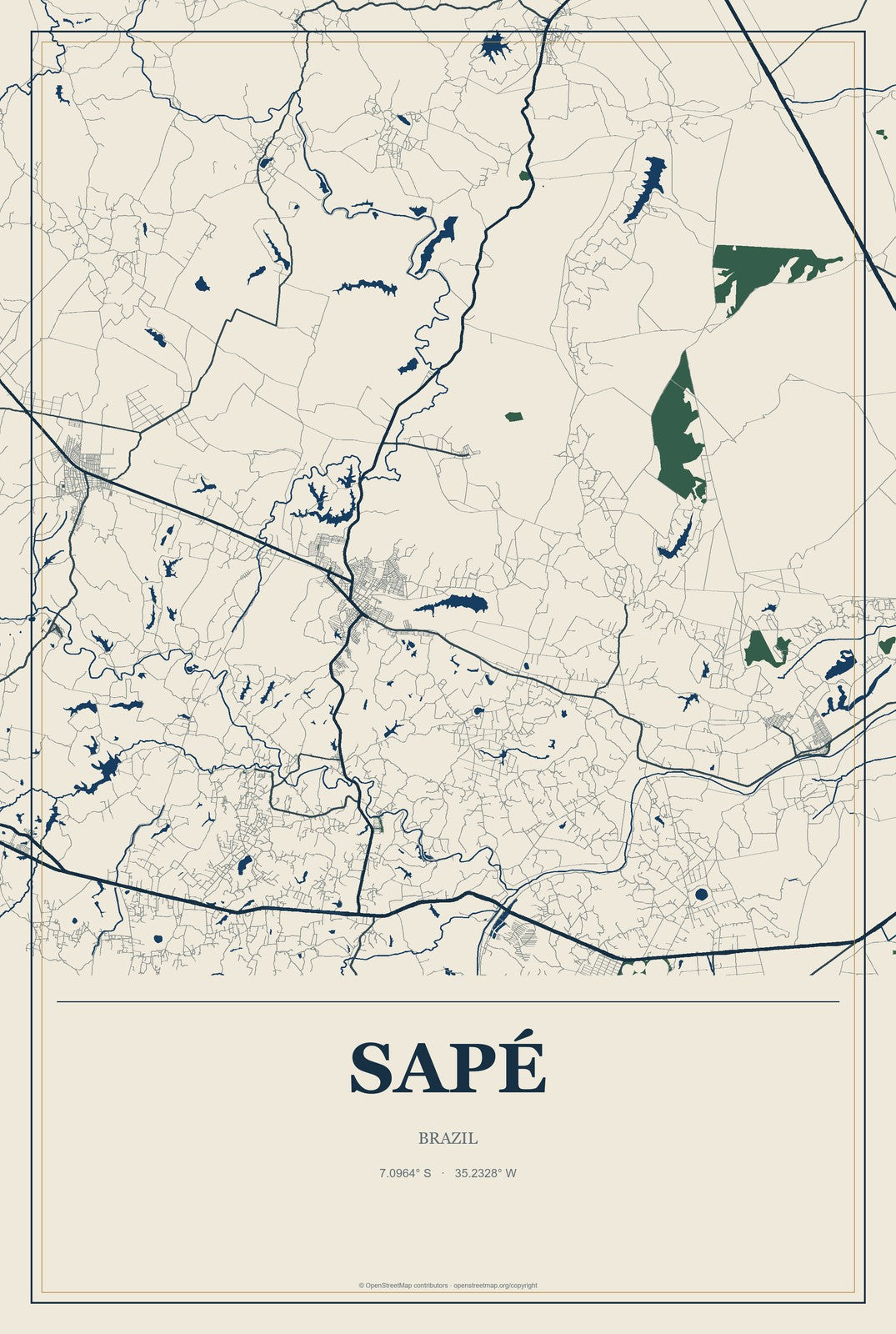 Sapé, Brazil City Map Aluminum Sign in Coastal Cutout style