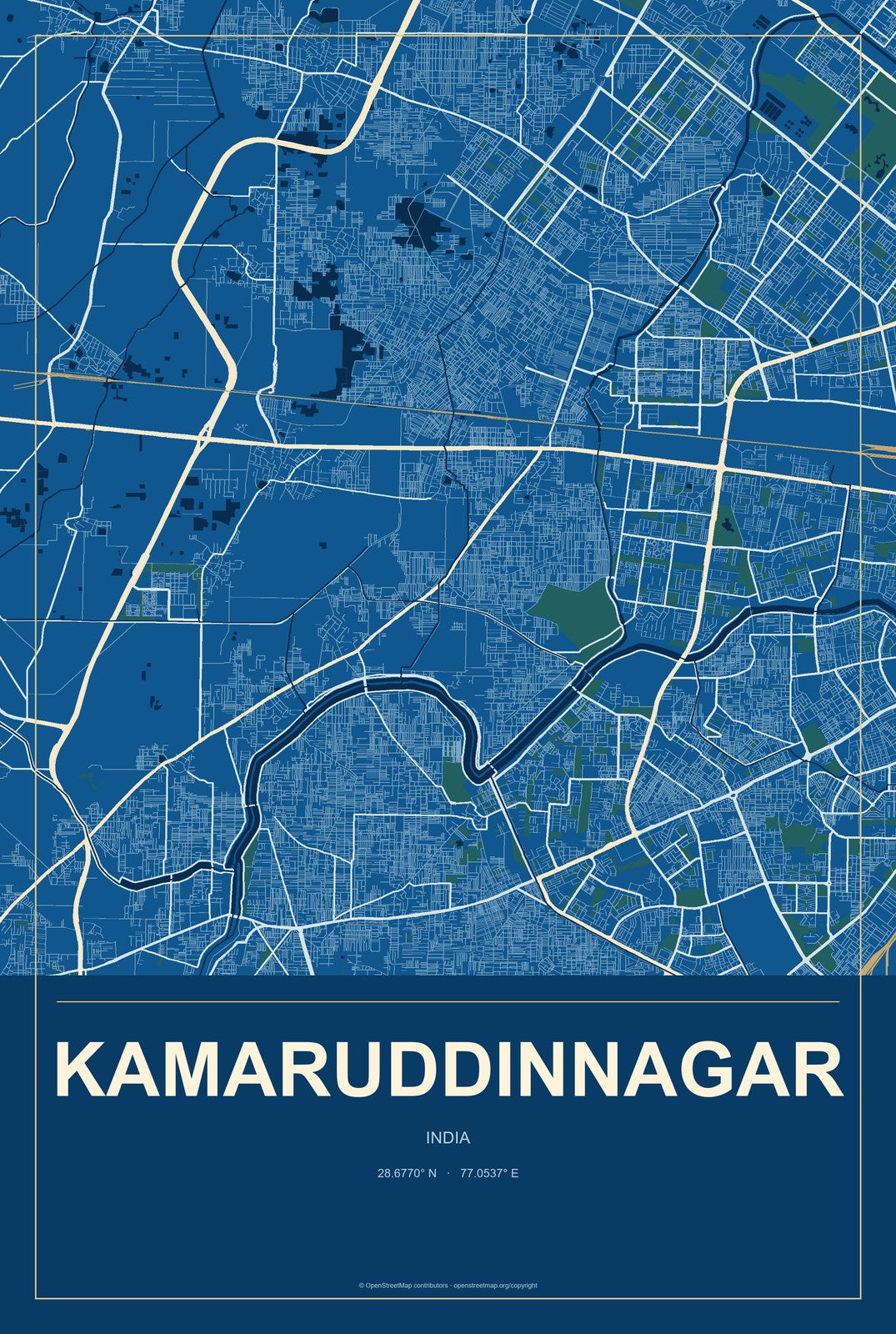 Kamaruddinnagar, India City Map Aluminum Sign in Harbor Cobalt style