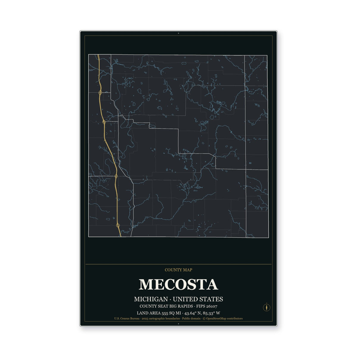 Mecosta County, Michigan Map Aluminum Sign in Metropolitan Noir style