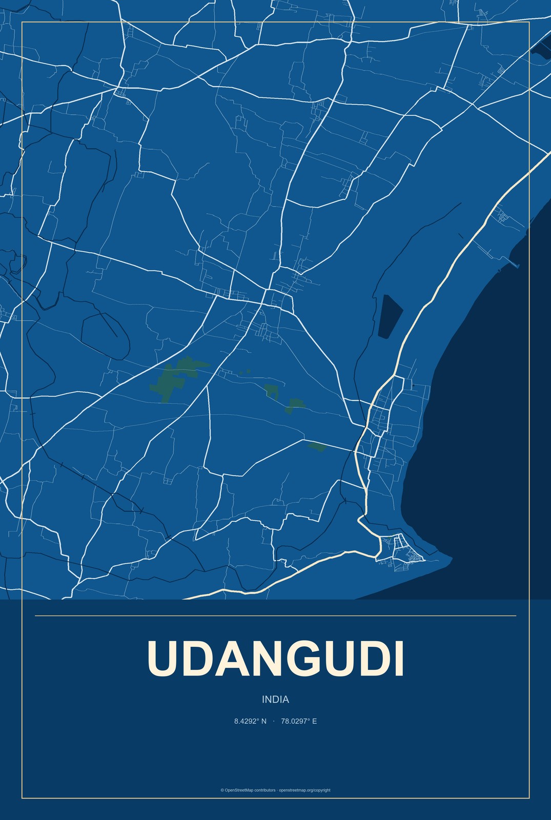 Udangudi, India City Map Aluminum Sign in Harbor Cobalt style