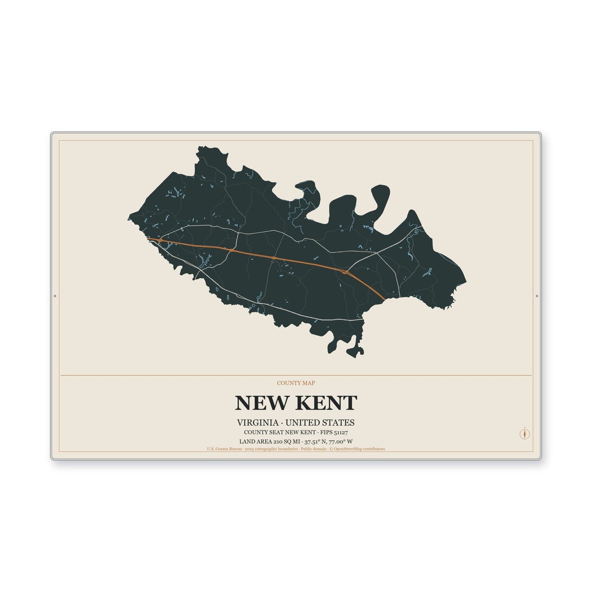 New Kent County, Virginia Map Aluminum Sign in Headline Atlas style