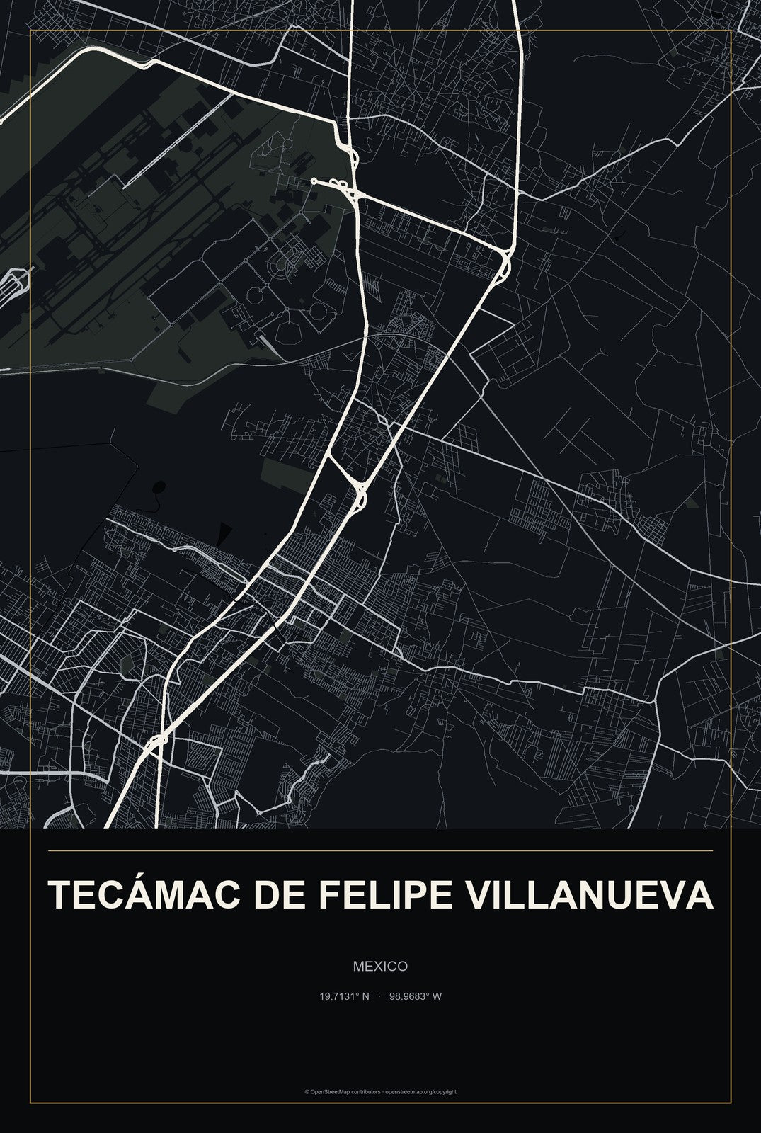 Tecámac de Felipe Villanueva, Mexico City Map Aluminum Sign in Metropolitan Noir style
