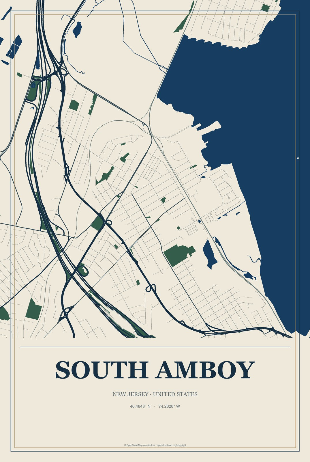 South Amboy, New Jersey City Map Aluminum Sign in Coastal Cutout style