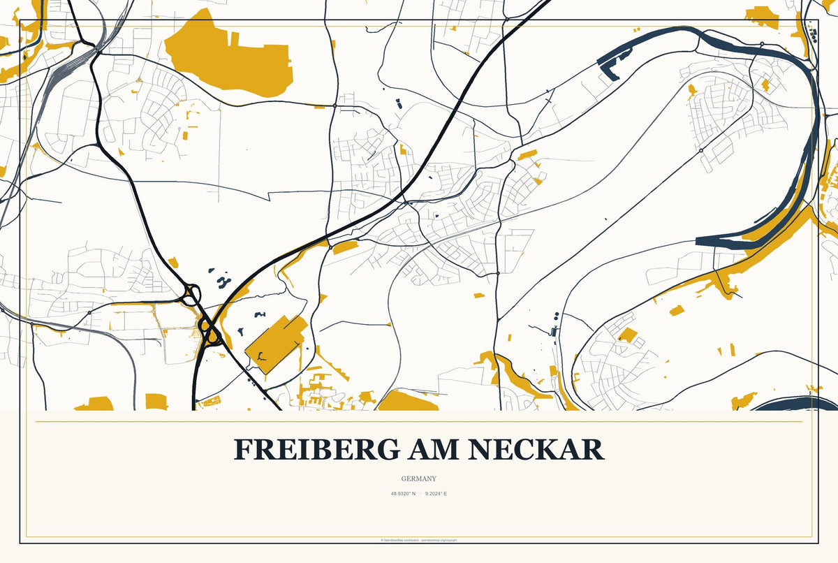 Freiberg am Neckar, Germany City Map Aluminum Sign in Citrine Modern style