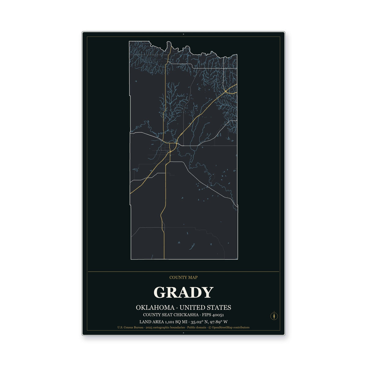 Grady County, Oklahoma Map Aluminum Sign in Metropolitan Noir style