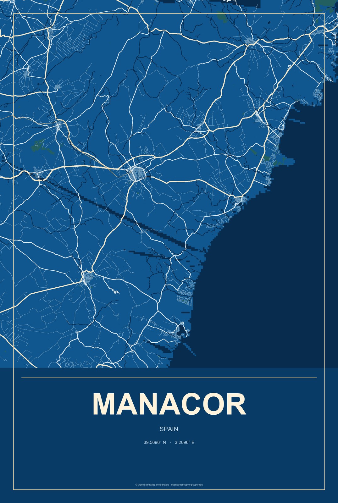Manacor, Spain City Map Aluminum Sign in Harbor Cobalt style