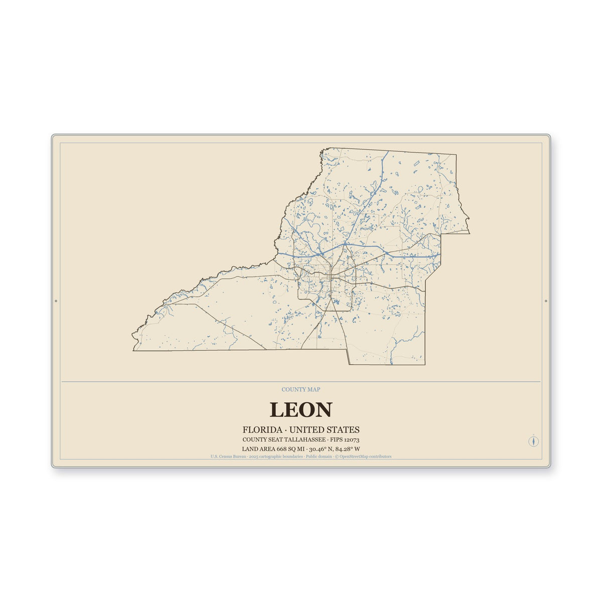 Leon County, Florida Map Aluminum Sign in Heritage Nautical style