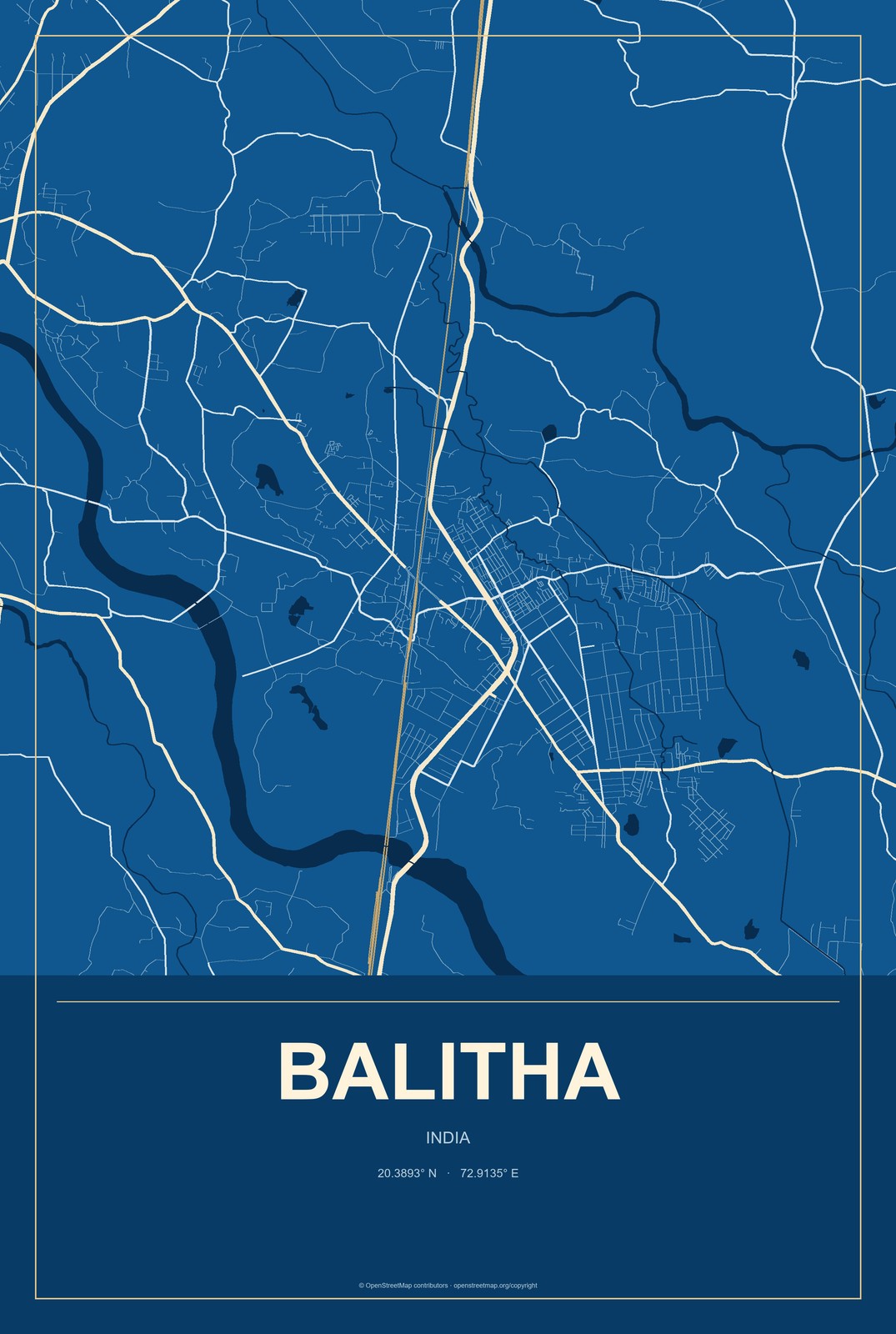 Balitha, India City Map Aluminum Sign in Harbor Cobalt style