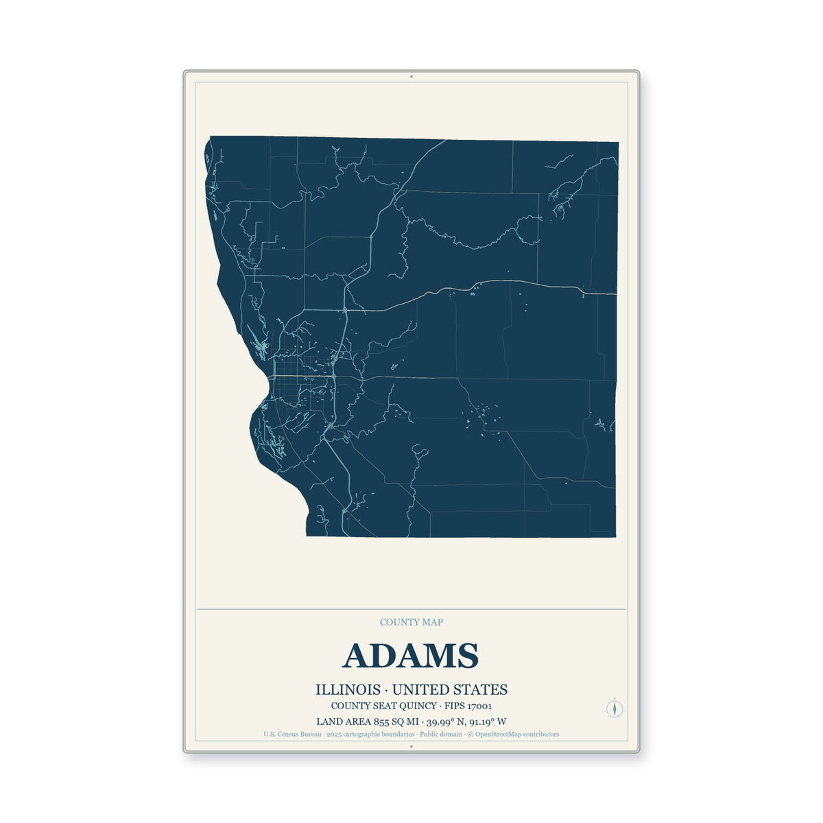 Adams County, Illinois Map Aluminum Sign in Coastal Cutout style