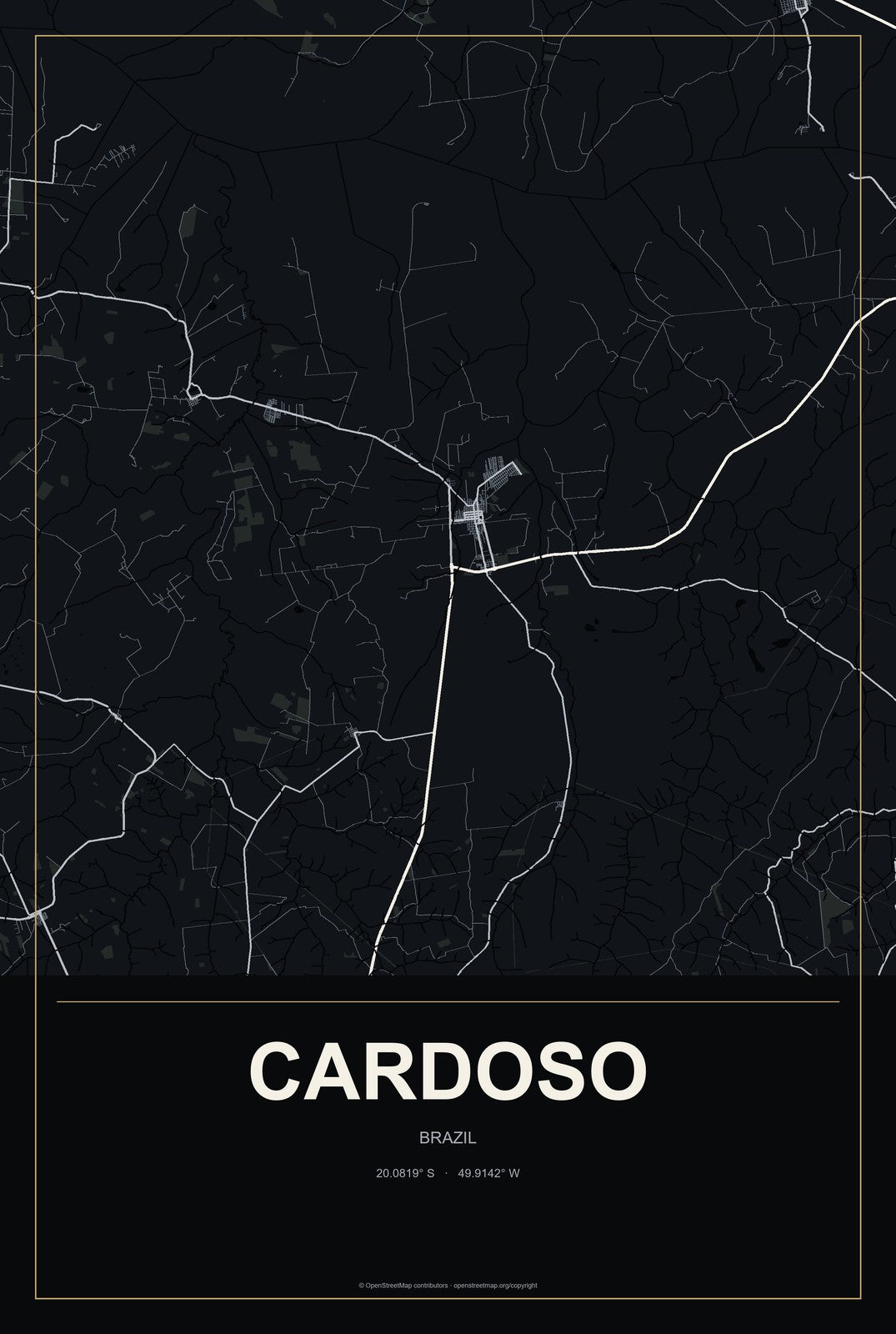 Cardoso, Brazil City Map Aluminum Sign in Metropolitan Noir style