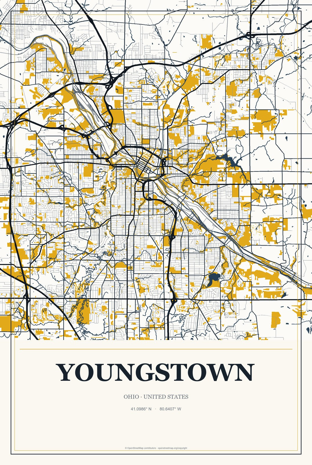 Youngstown, Ohio City Map Aluminum Sign in Citrine Modern style