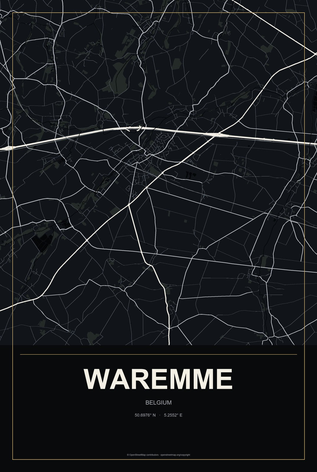 Waremme, Belgium City Map Aluminum Sign in Metropolitan Noir style