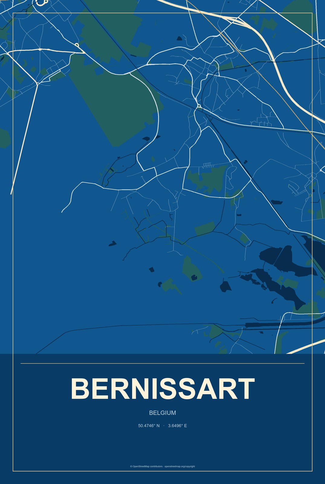 Bernissart, Belgium City Map Aluminum Sign in Harbor Cobalt style