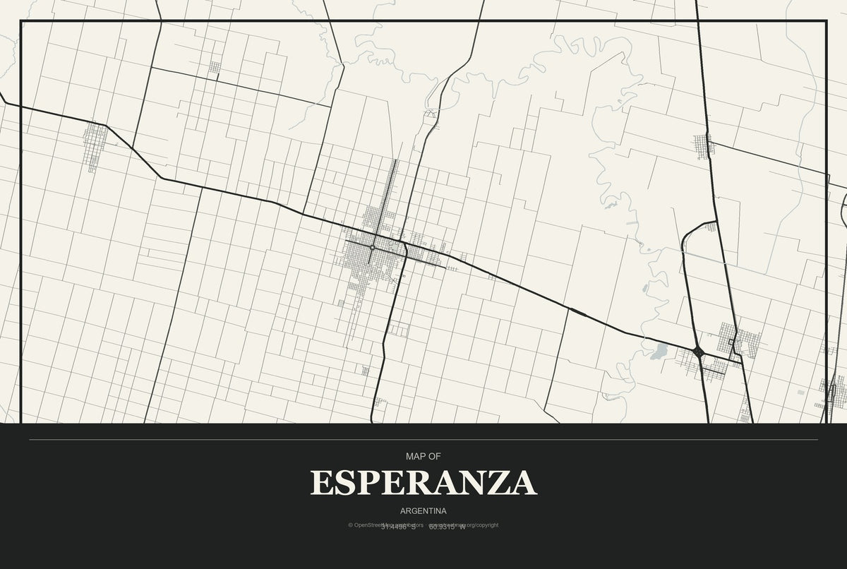 Esperanza, Argentina City Map Aluminum Sign in Museum Plaque style