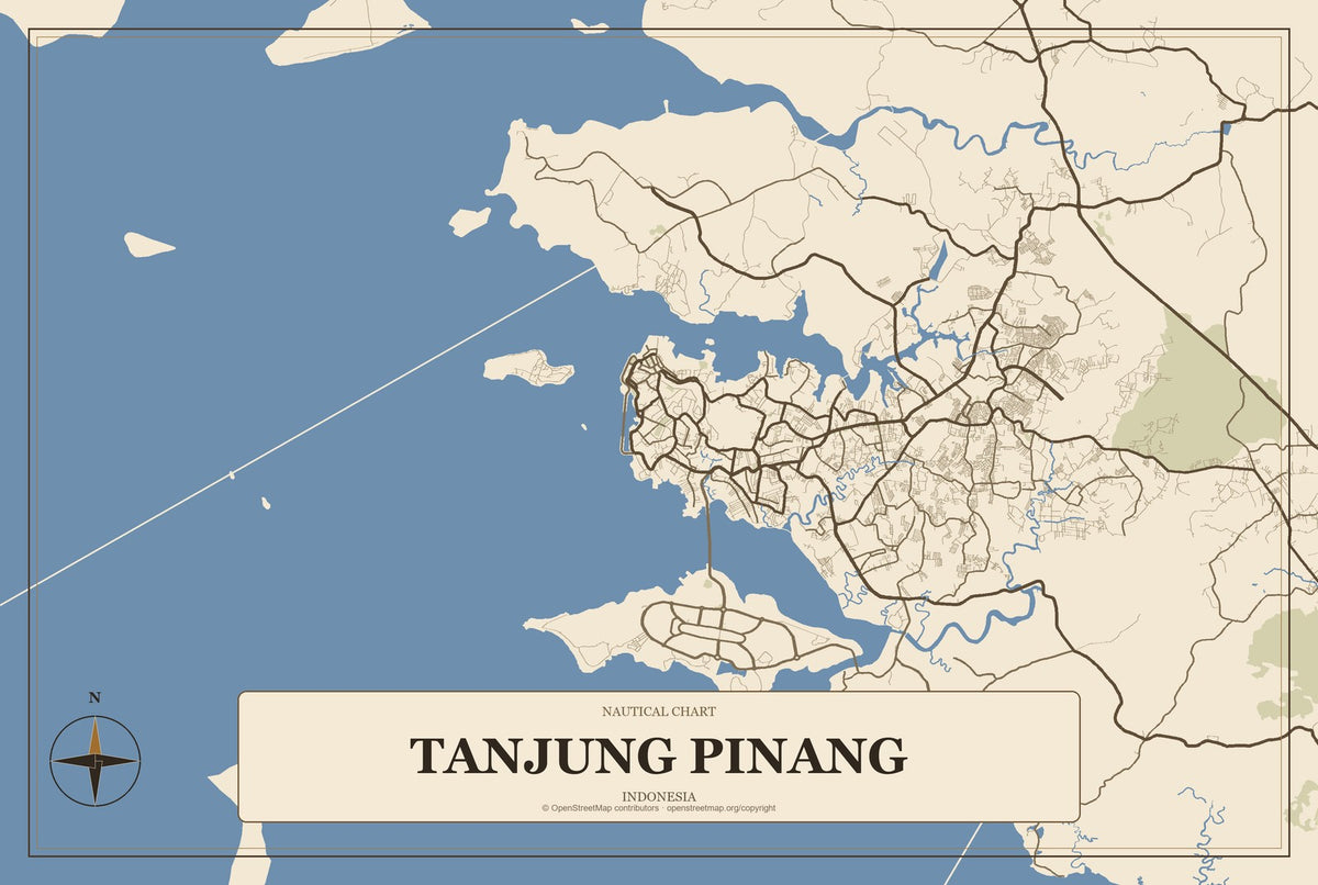 Tanjung Pinang, Indonesia City Map Aluminum Sign in Heritage Nautical style