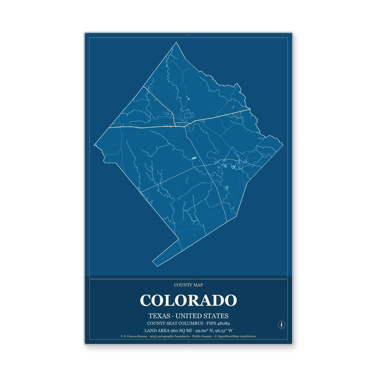 Colorado County, Texas Map Aluminum Sign in Harbor Cobalt style