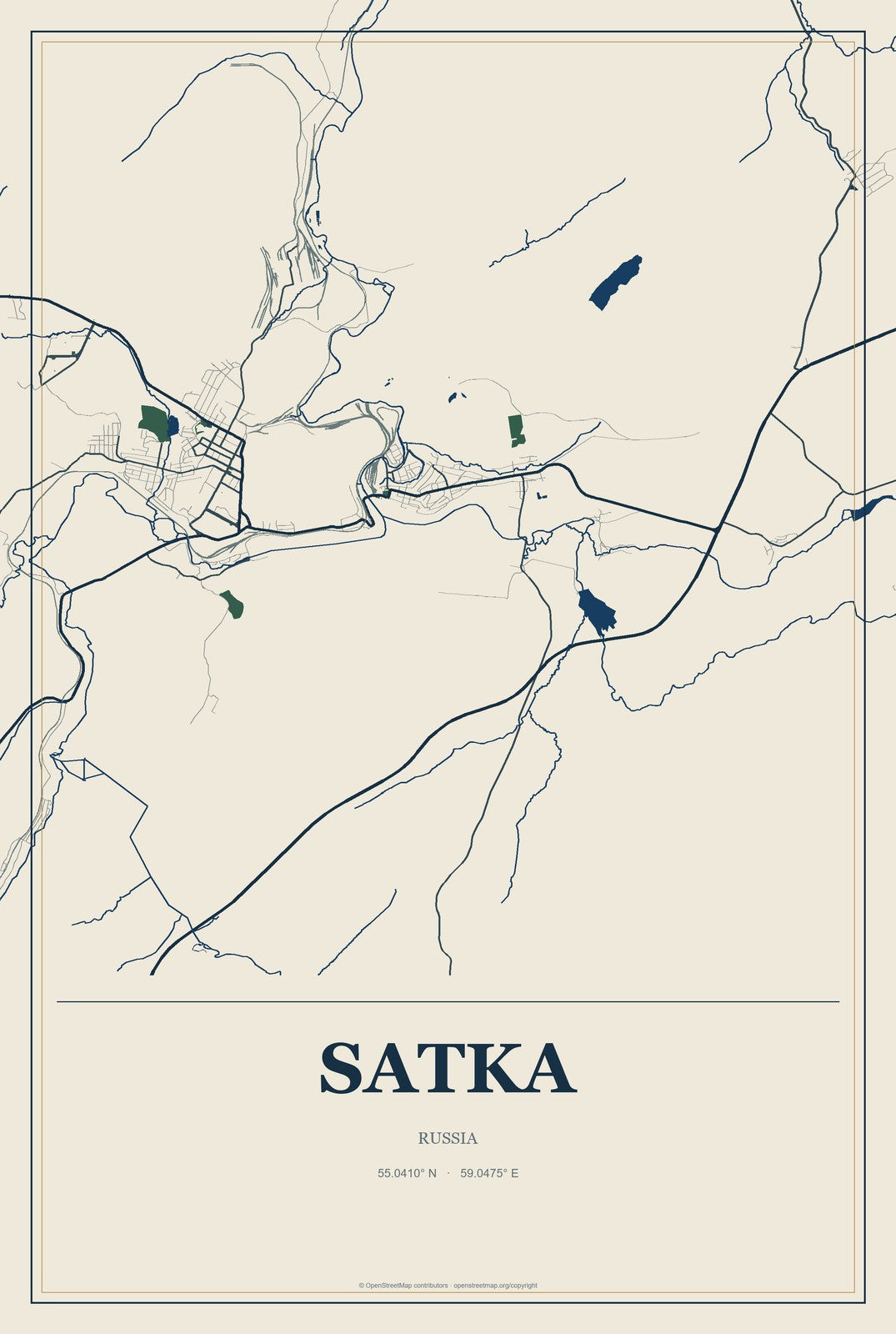 Satka, Russia City Map Aluminum Sign in Coastal Cutout style