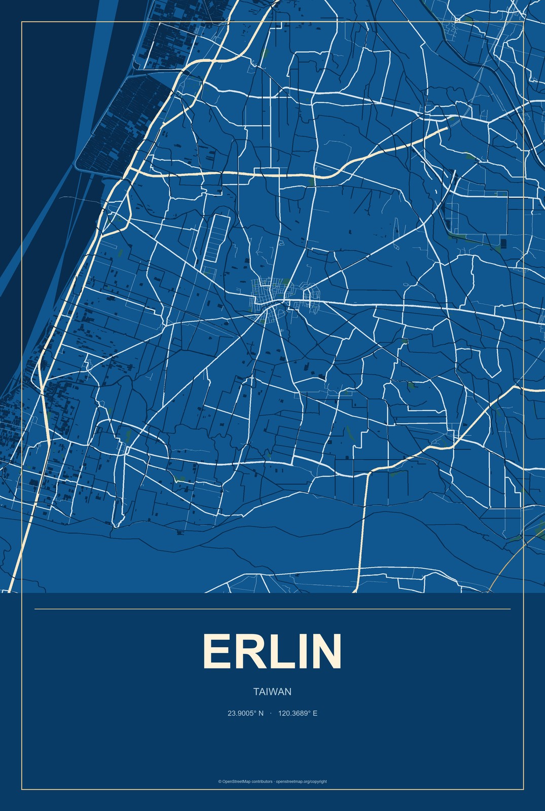 Erlin, Taiwan City Map Aluminum Sign in Harbor Cobalt style