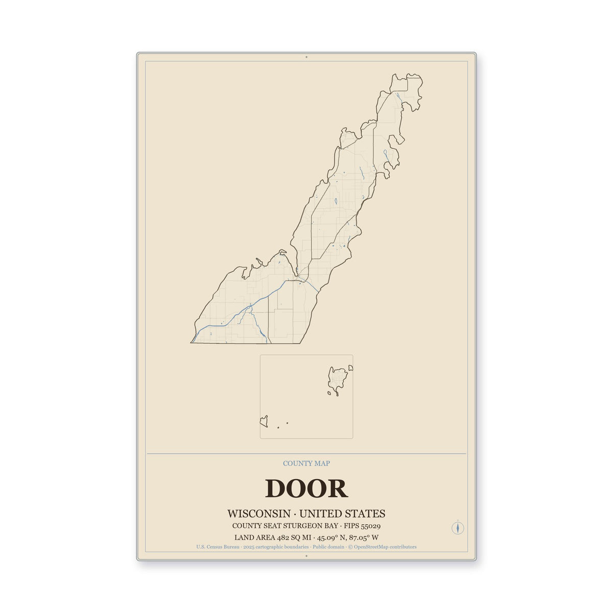 Door County, Wisconsin Map Aluminum Sign in Heritage Nautical style