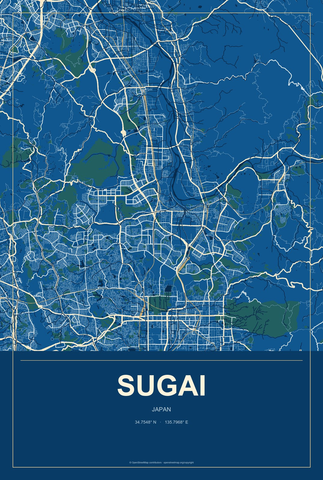 Sugai, Japan City Map Aluminum Sign in Harbor Cobalt style