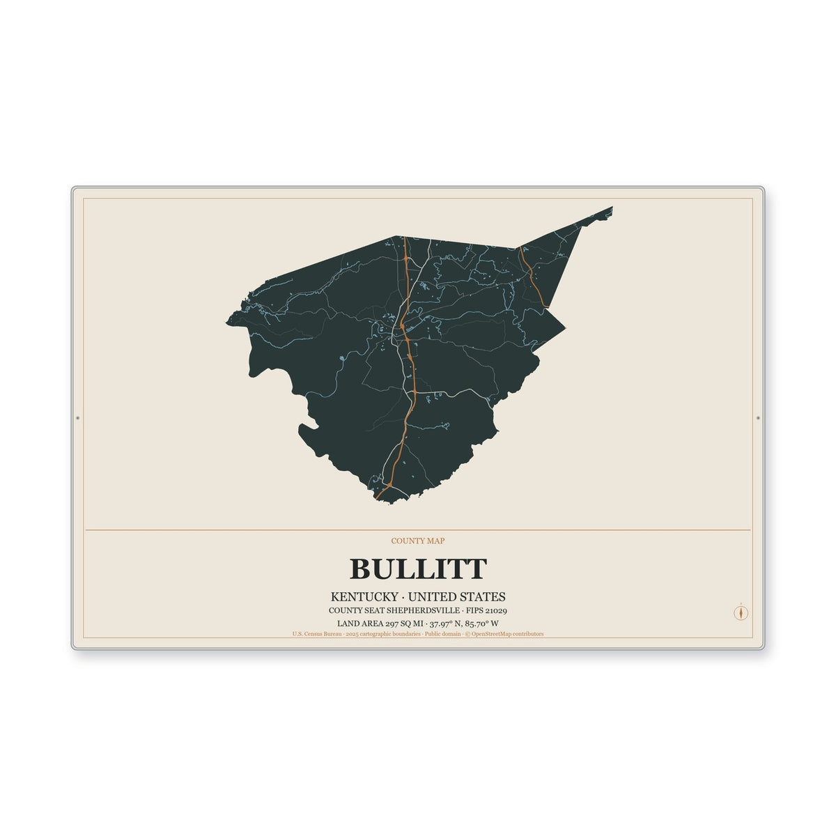 Bullitt County, Kentucky Map Aluminum Sign in Headline Atlas style