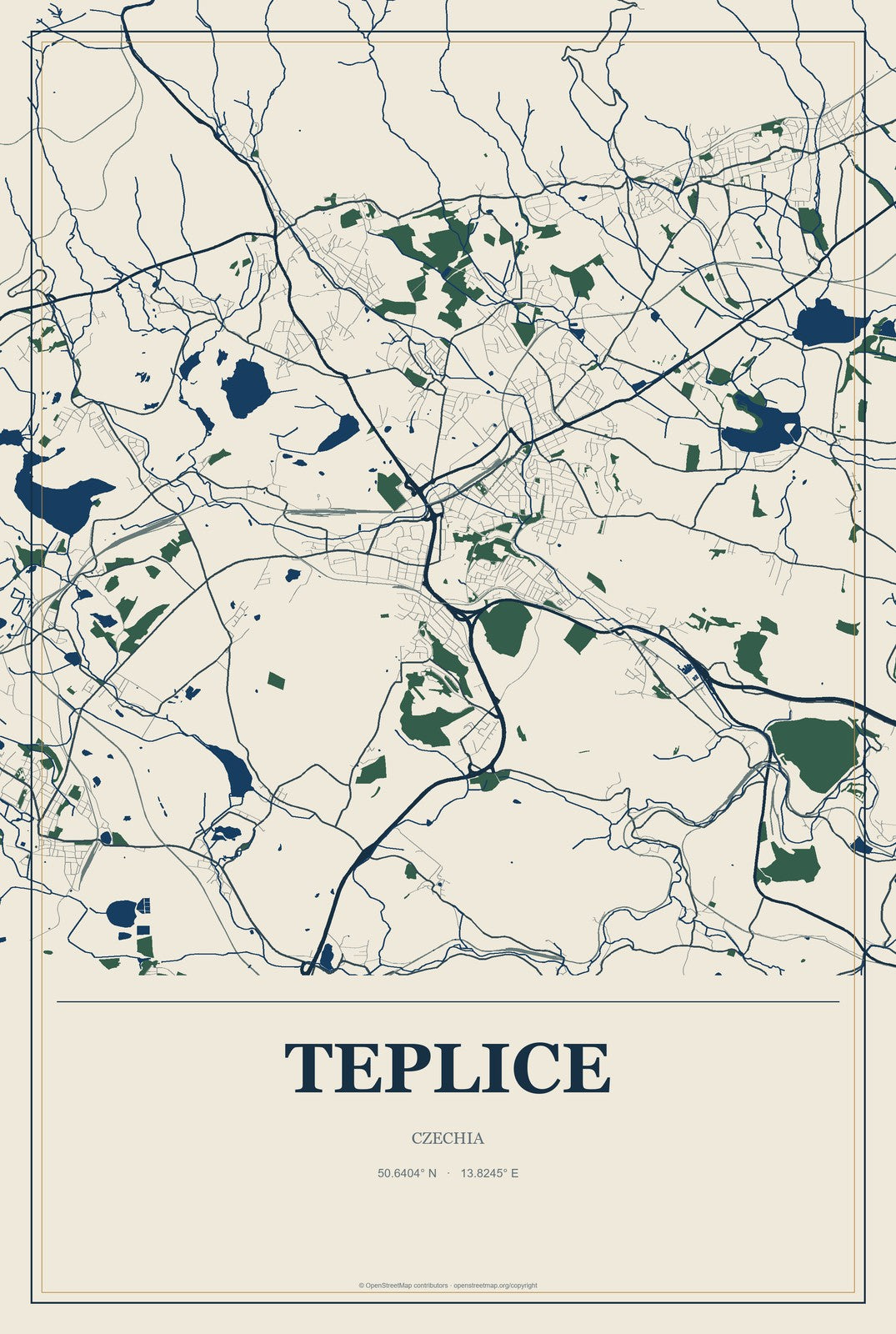 Teplice, Czechia City Map Aluminum Sign in Coastal Cutout style