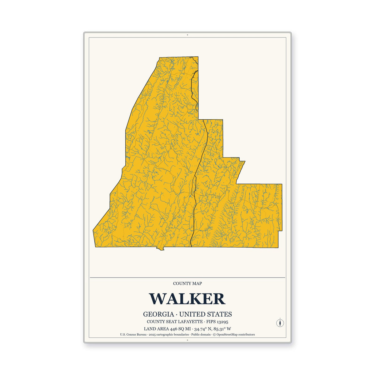 Walker County, Georgia Map Aluminum Sign in Citrine Modern style