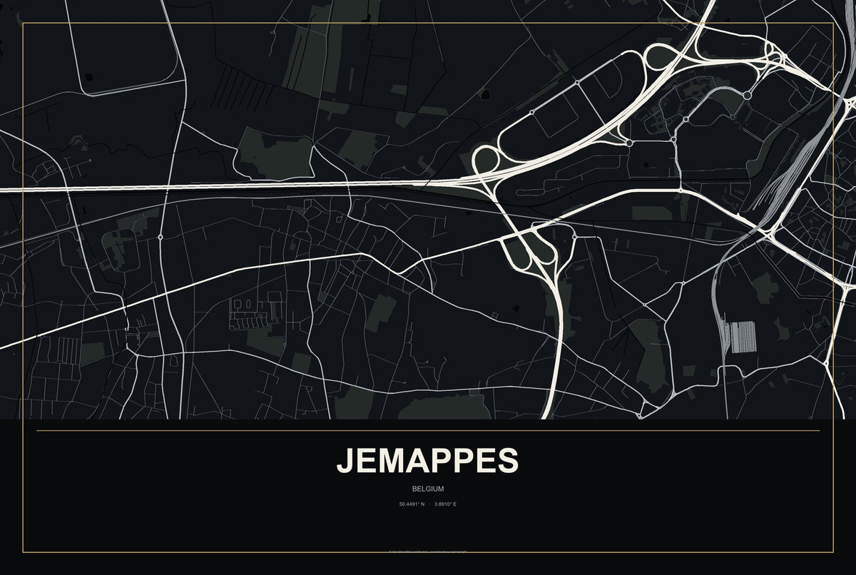 Jemappes, Belgium City Map Aluminum Sign in Metropolitan Noir style