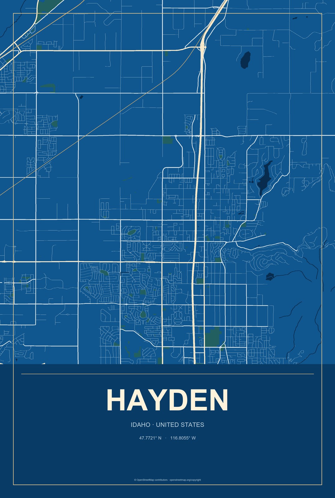 Hayden, Idaho City Map Aluminum Sign in Harbor Cobalt style