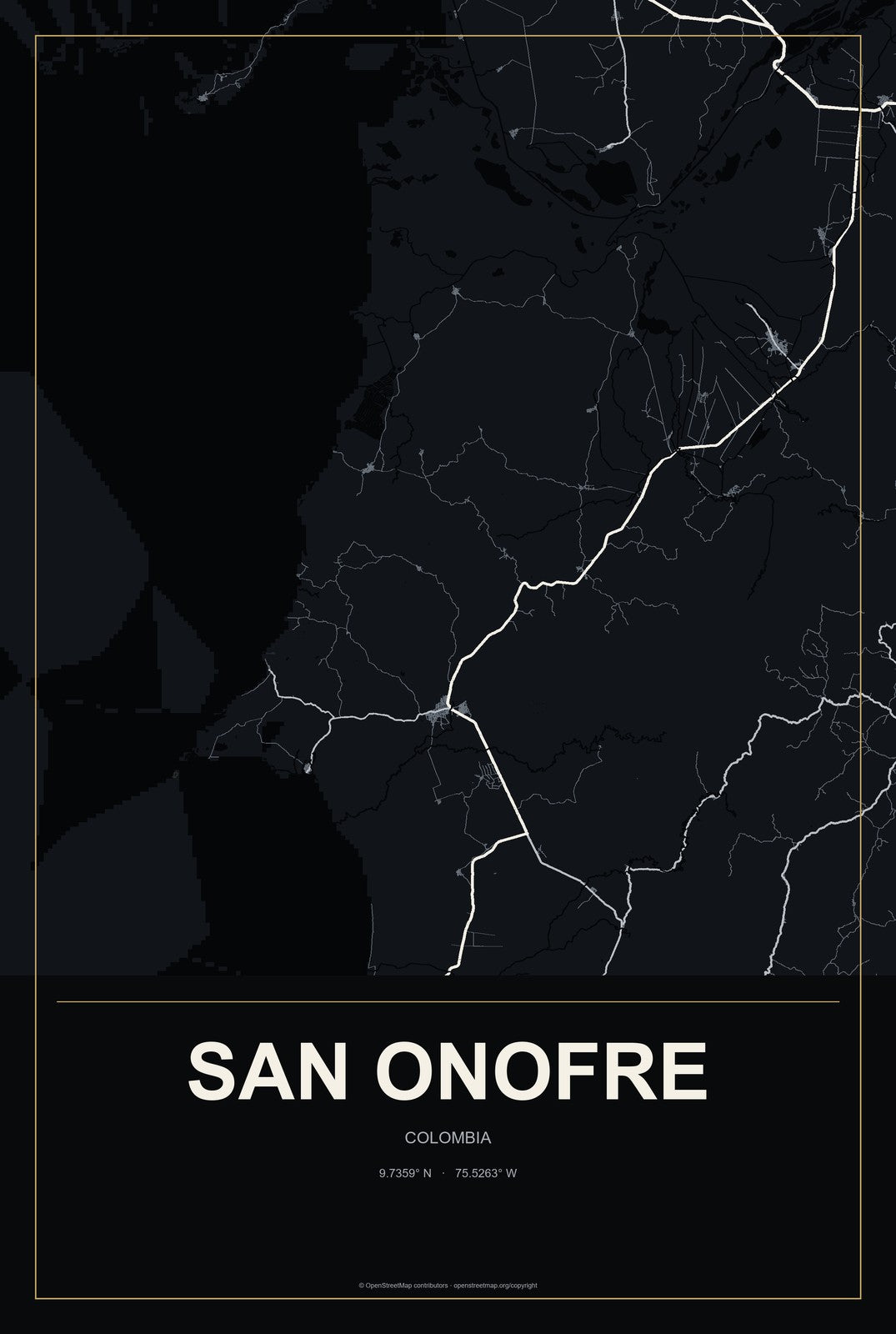 San Onofre, Colombia City Map Aluminum Sign in Metropolitan Noir style