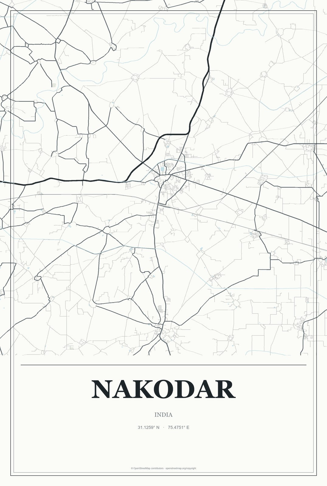 Nakodar, India City Map Aluminum Sign in Gallery Air style