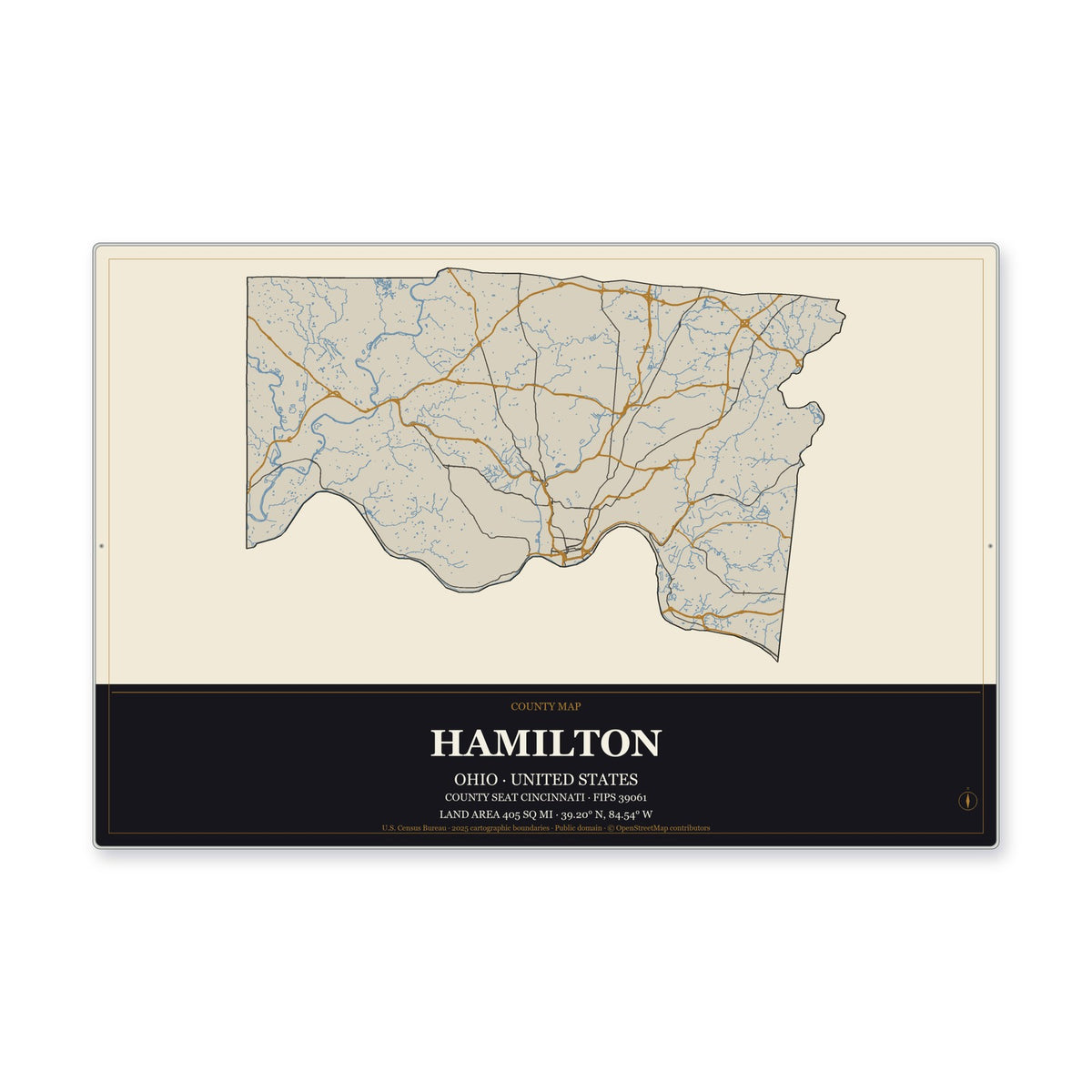 Hamilton County, Ohio Map Aluminum Sign in Museum Plaque style