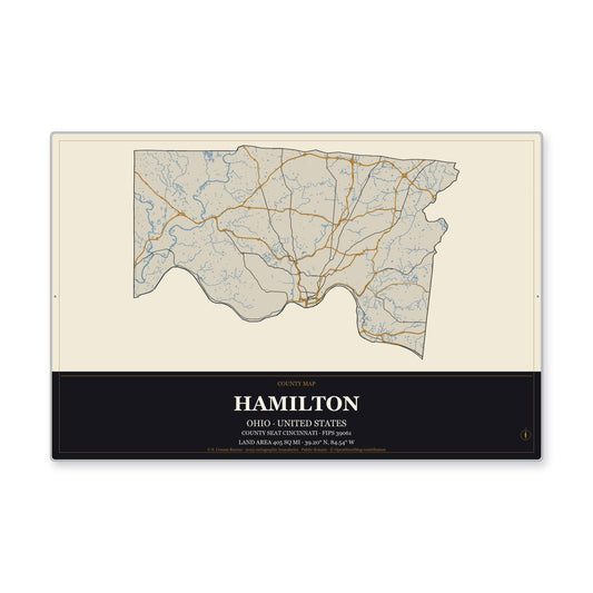 Hamilton County, Ohio Map Aluminum Sign in Museum Plaque style