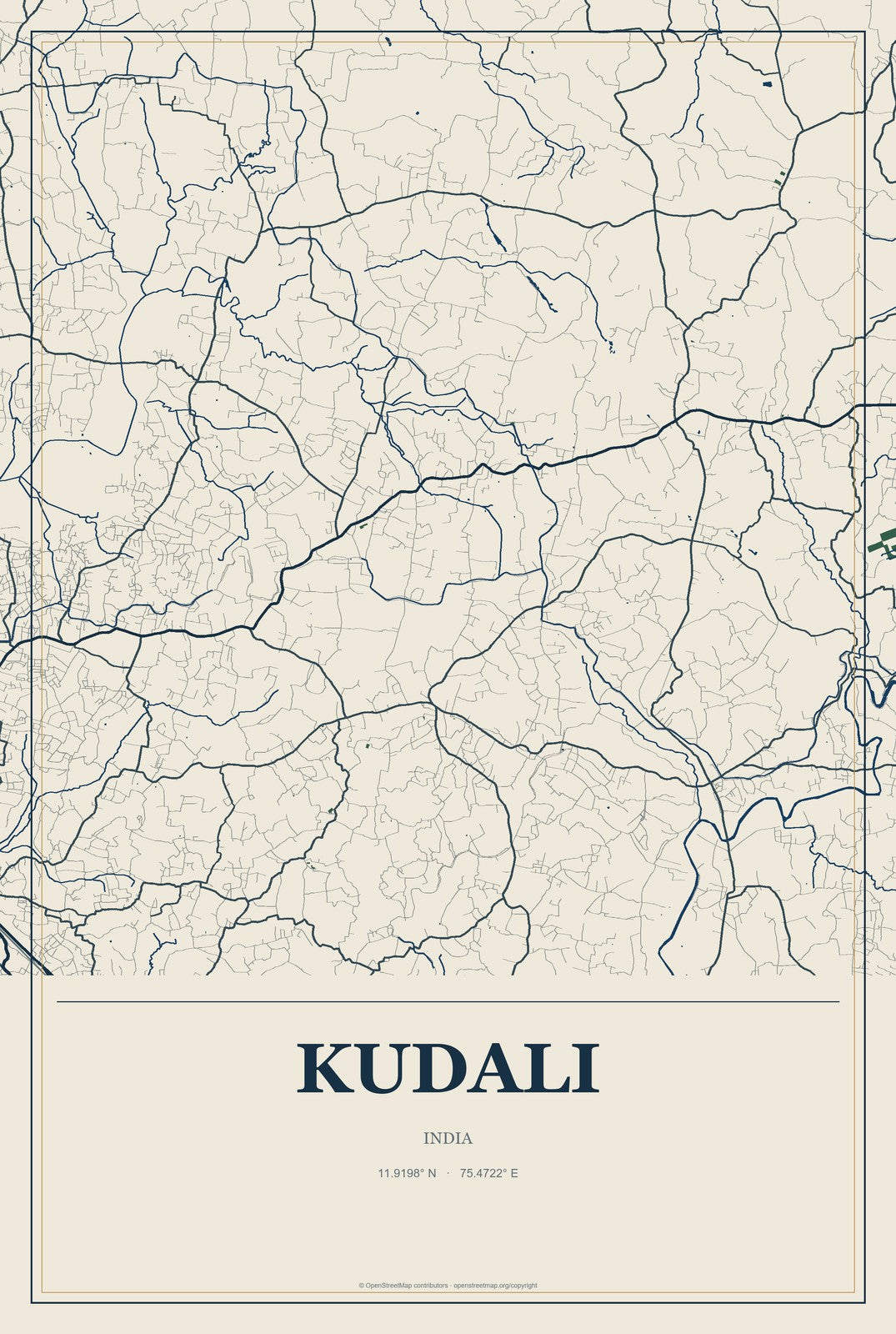 Kudali, India City Map Aluminum Sign in Coastal Cutout style