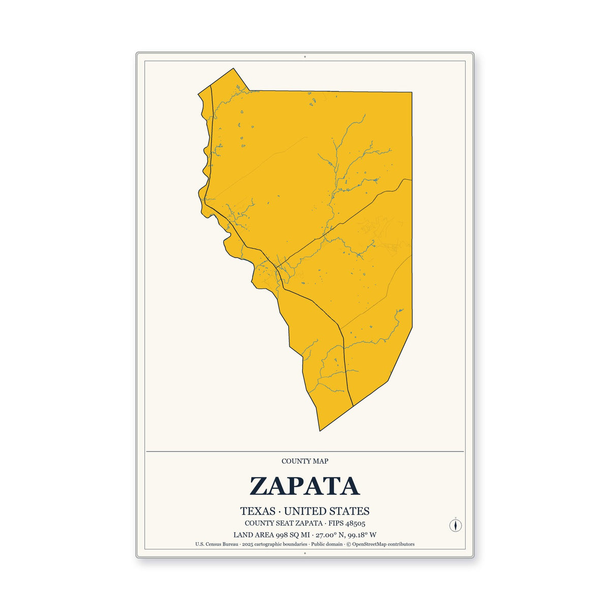 Zapata County, Texas Map Aluminum Sign in Citrine Modern style