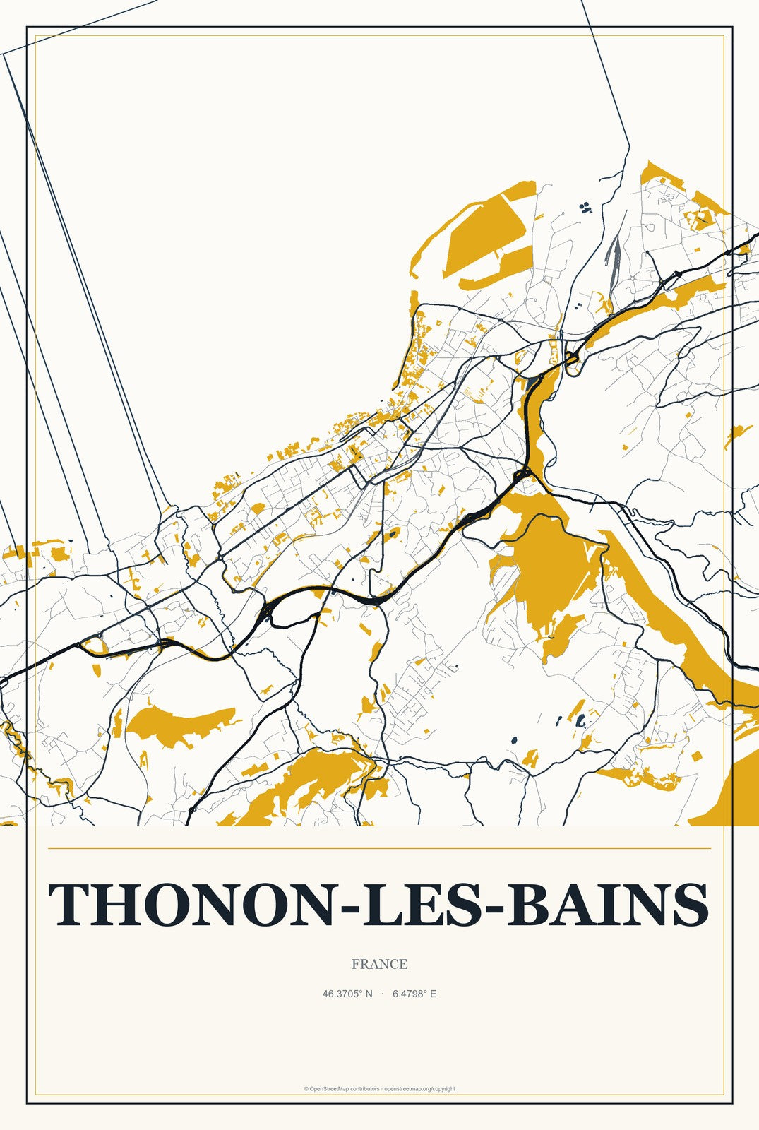 Thonon-les-Bains, France City Map Aluminum Sign in Citrine Modern style