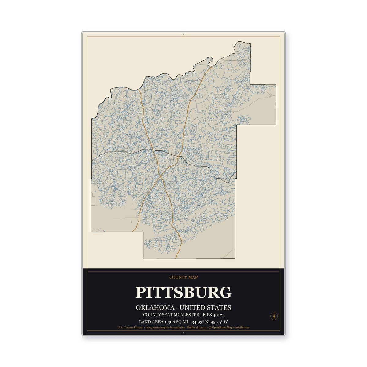 Pittsburg County, Oklahoma Map Aluminum Sign in Museum Plaque style