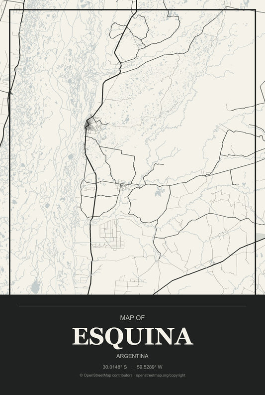 Esquina, Argentina City Map Aluminum Sign in Museum Plaque style