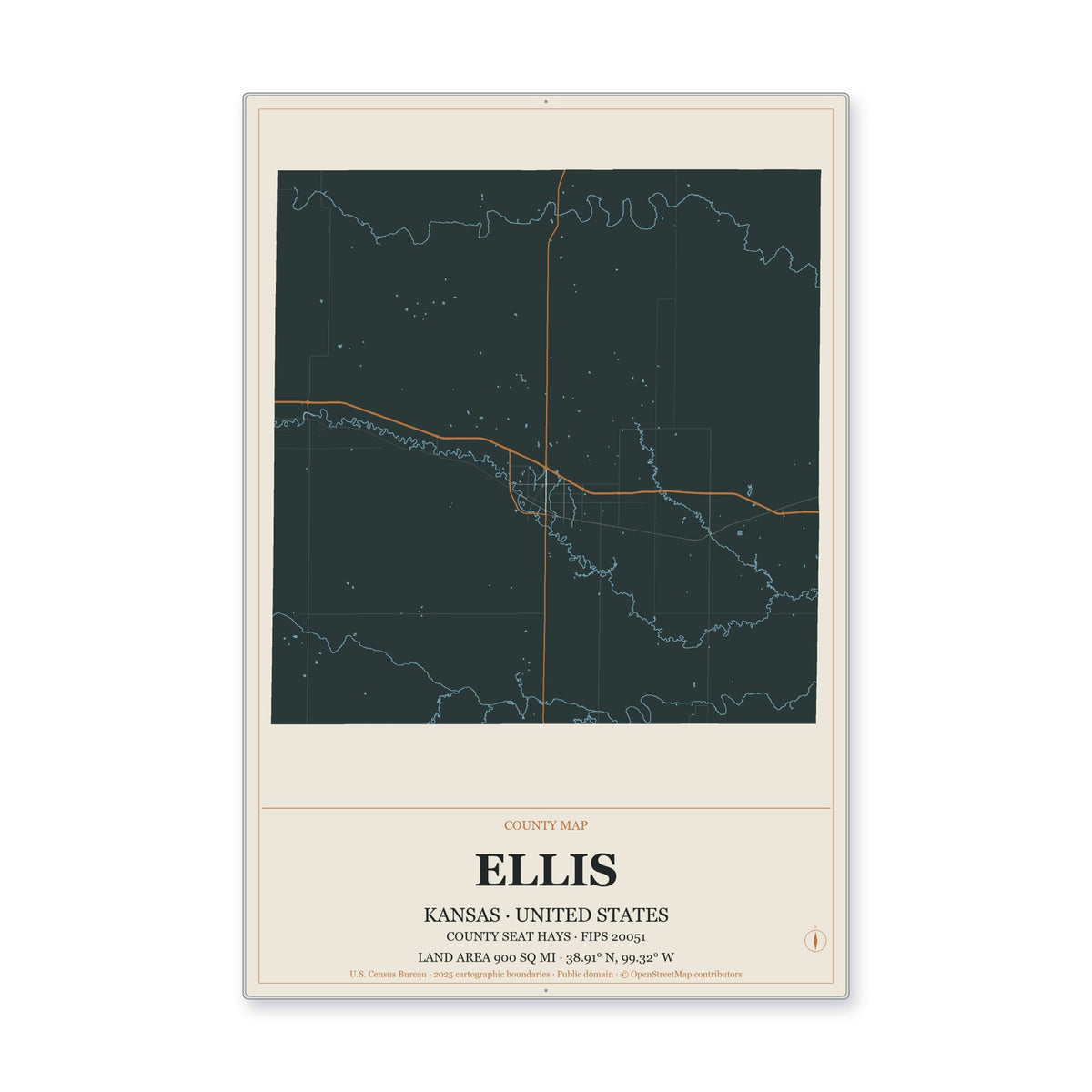 Ellis County, Kansas Map Aluminum Sign in Headline Atlas style