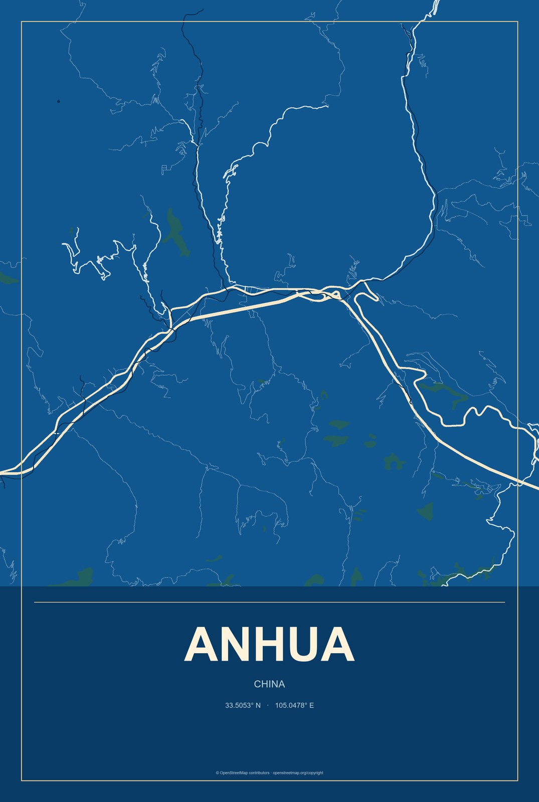 Anhua, China City Map Aluminum Sign in Harbor Cobalt style