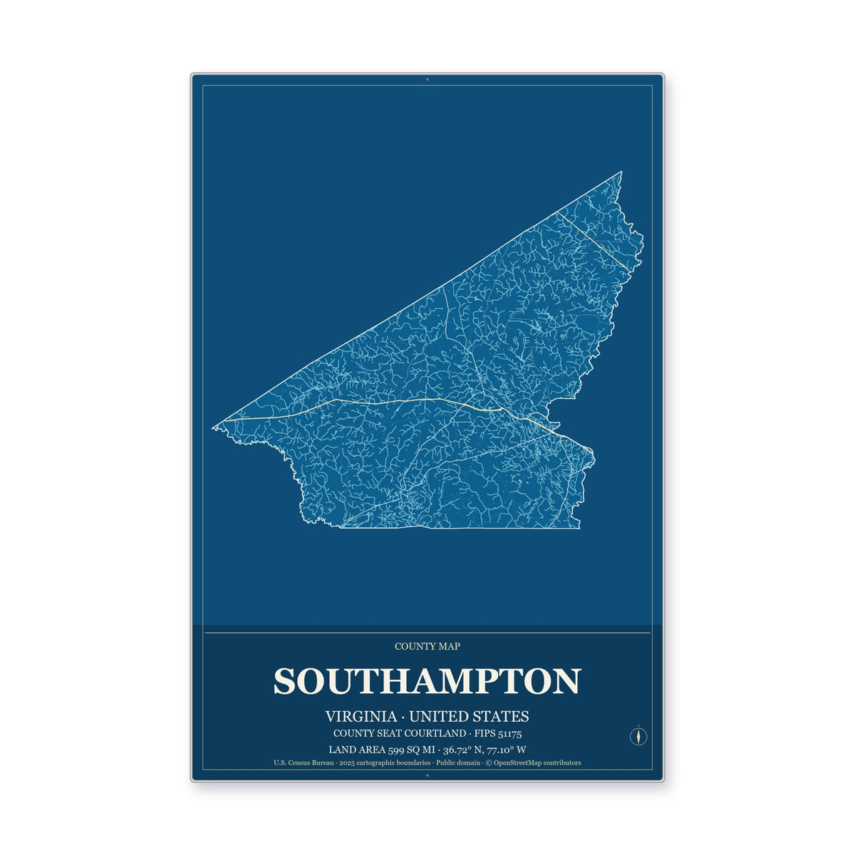 Southampton County, Virginia Map Aluminum Sign in Harbor Cobalt style