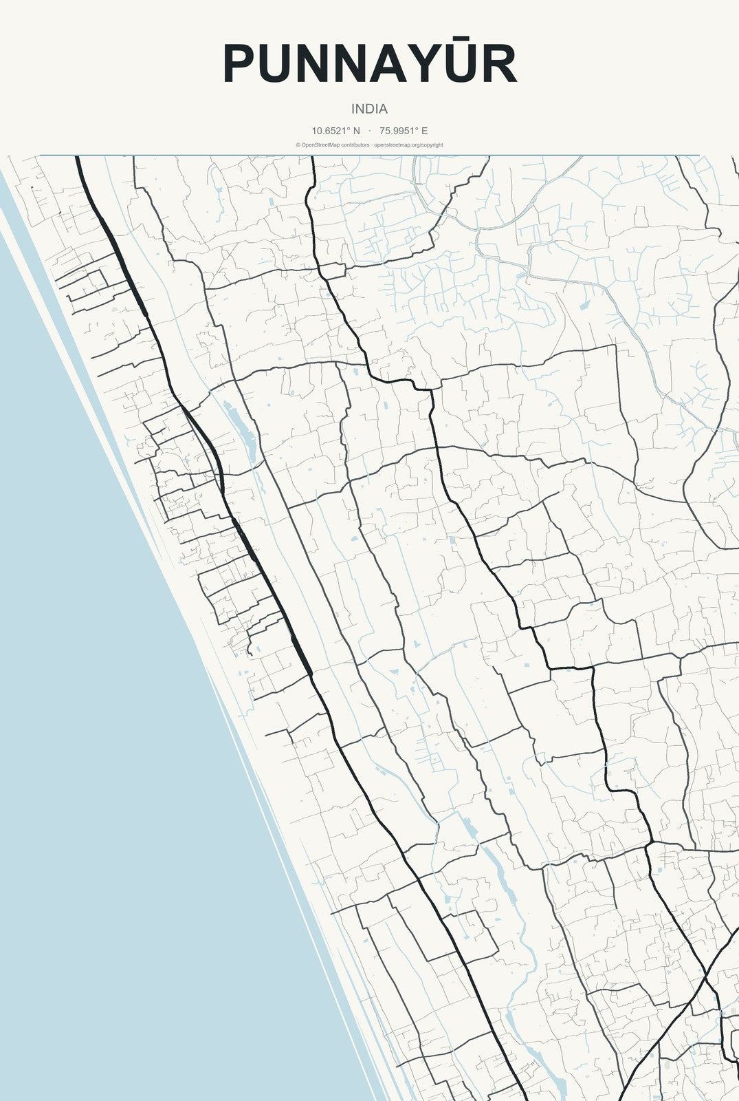 Punnayūr, India City Map Aluminum Sign in Headline Atlas style
