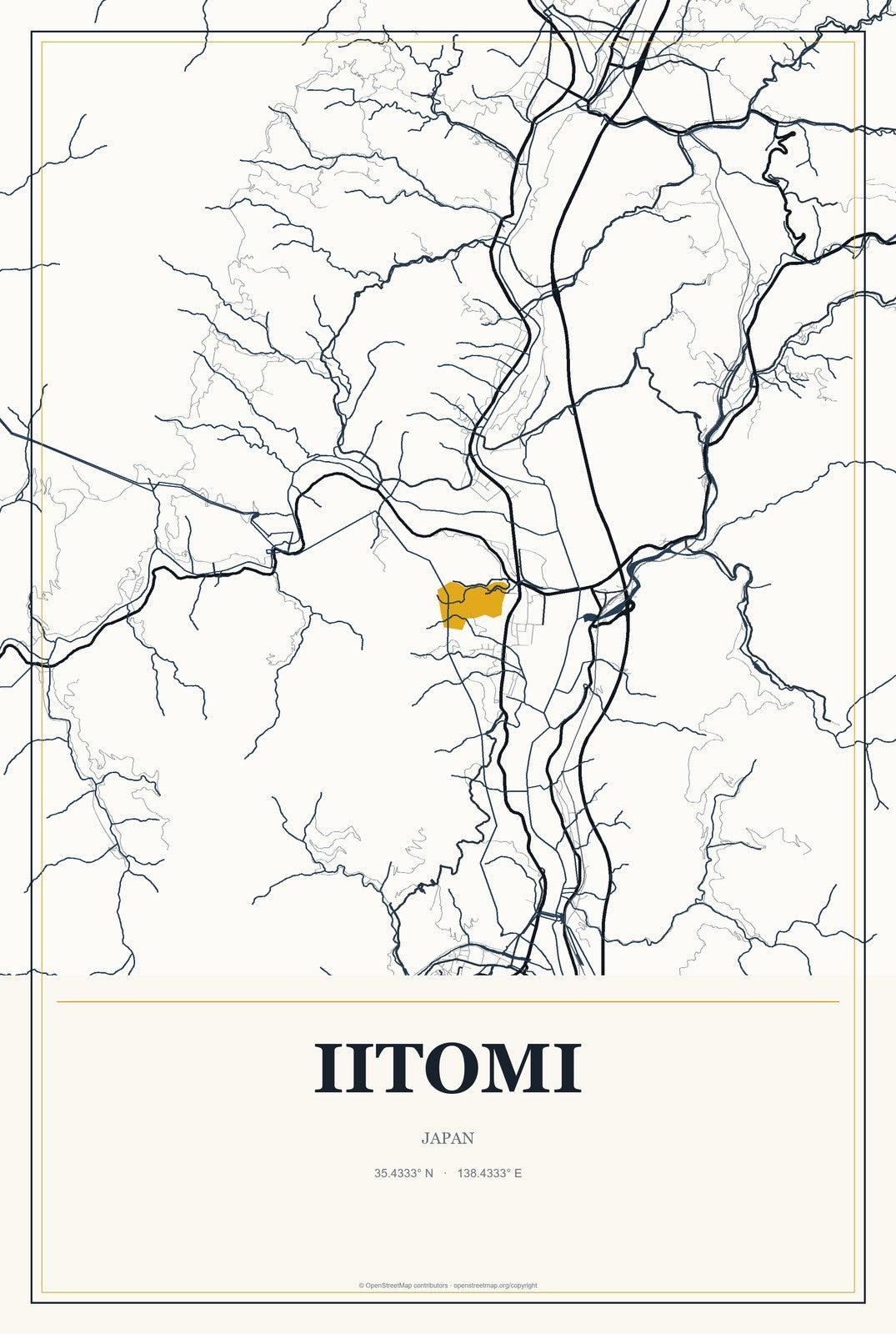 Iitomi, Japan City Map Aluminum Sign in Citrine Modern style