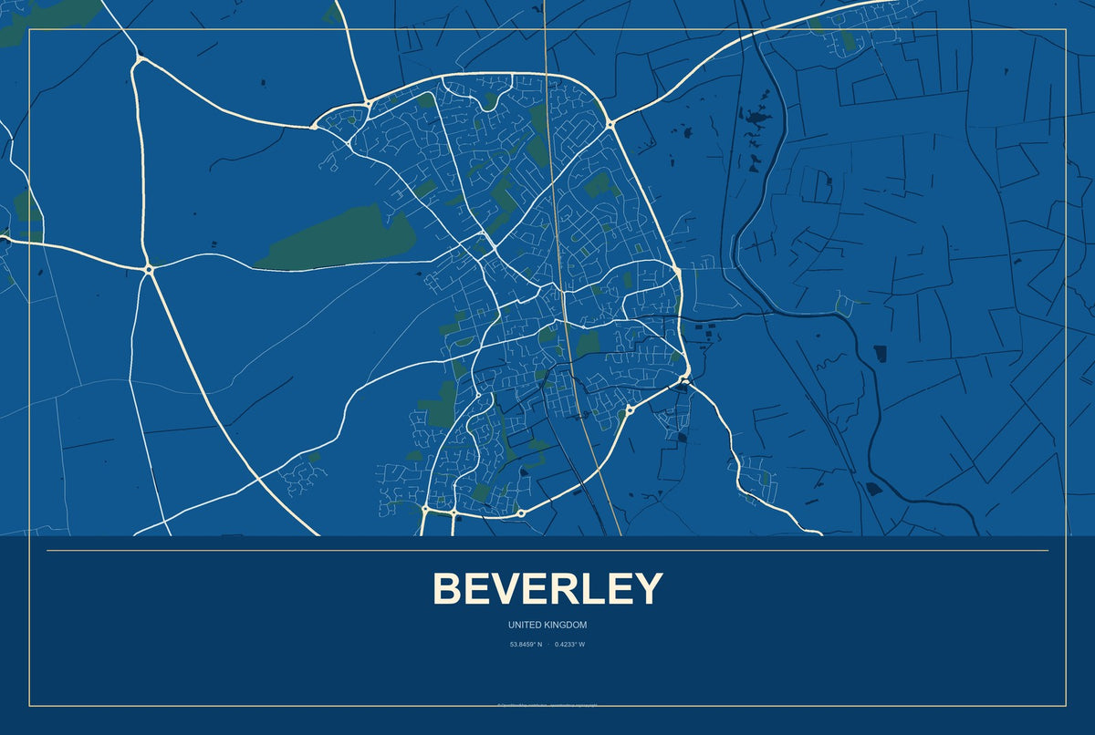 Beverley, United Kingdom City Map Aluminum Sign in Harbor Cobalt style