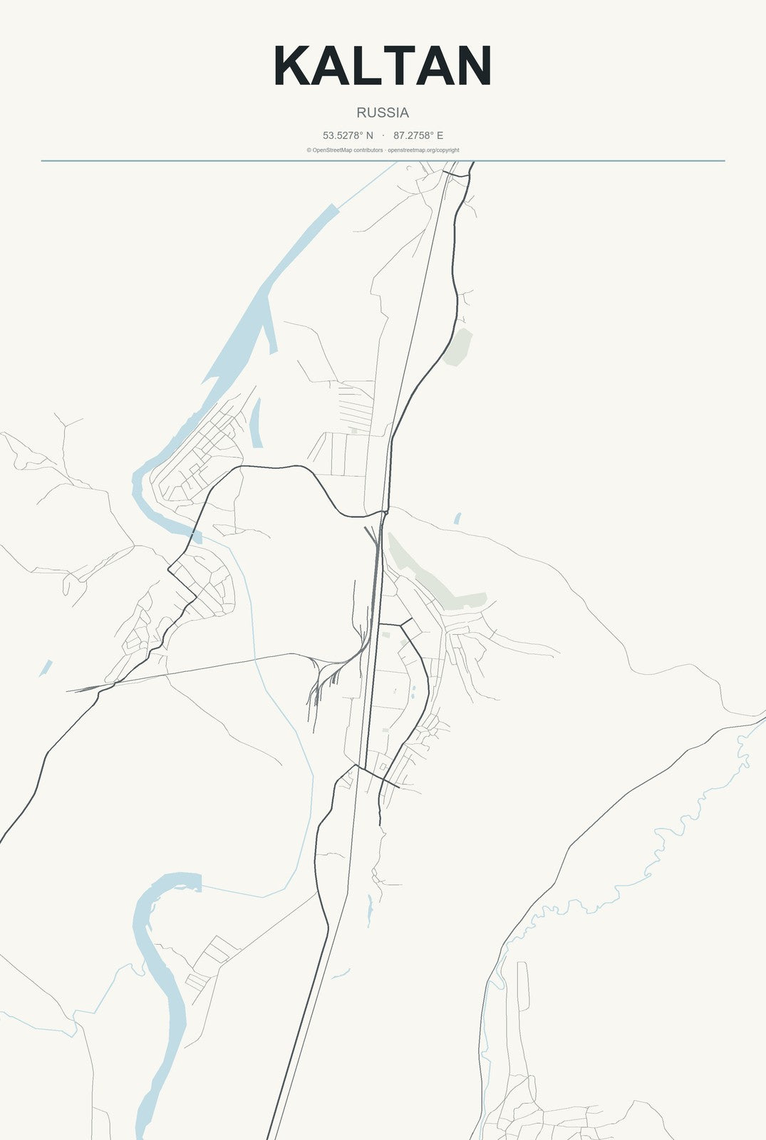 Kaltan, Russia City Map Aluminum Sign in Headline Atlas style