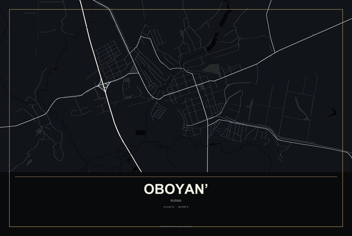 Oboyan’, Russia City Map Aluminum Sign in Metropolitan Noir style