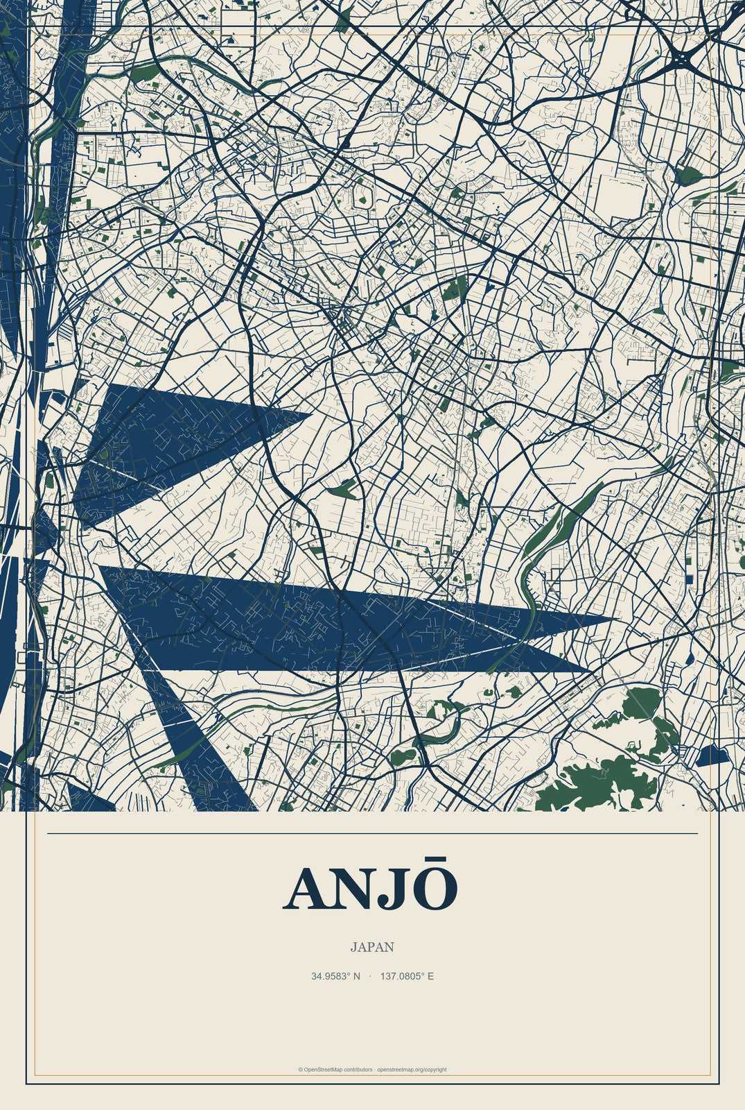 Anjō, Japan City Map Aluminum Sign in Coastal Cutout style