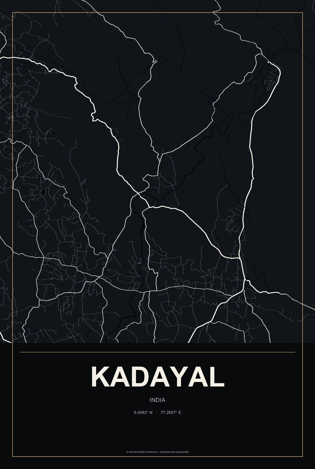 Kadayal, India City Map Aluminum Sign in Metropolitan Noir style